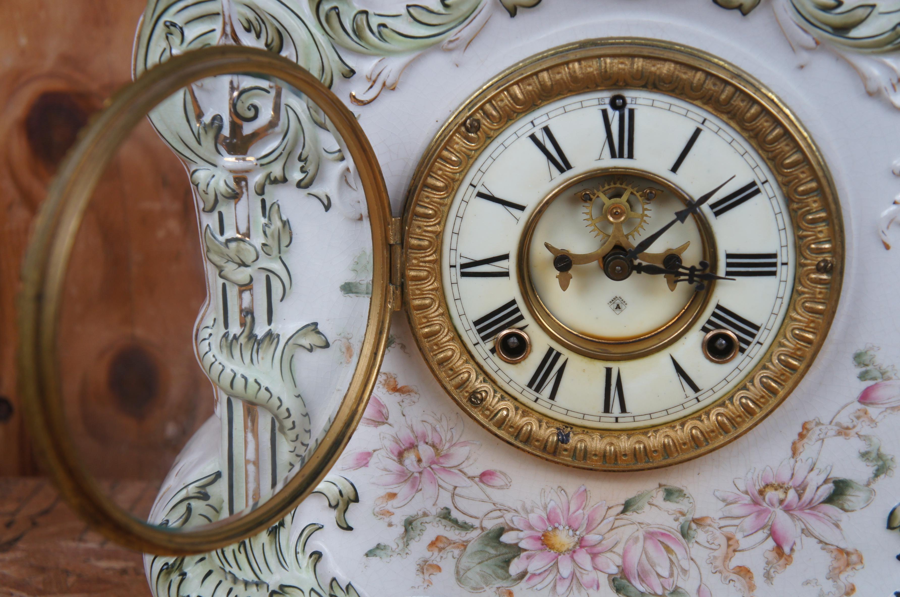 Antique Ansonia Osceola Porcelain Open Escapement Mantel Clock Royal Bonn 1