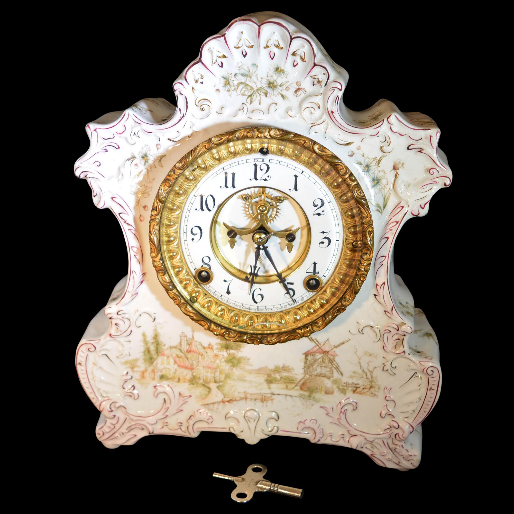 Antique Ansonia Porcelain Mantel Clock with Dutch Countryside Scene 3