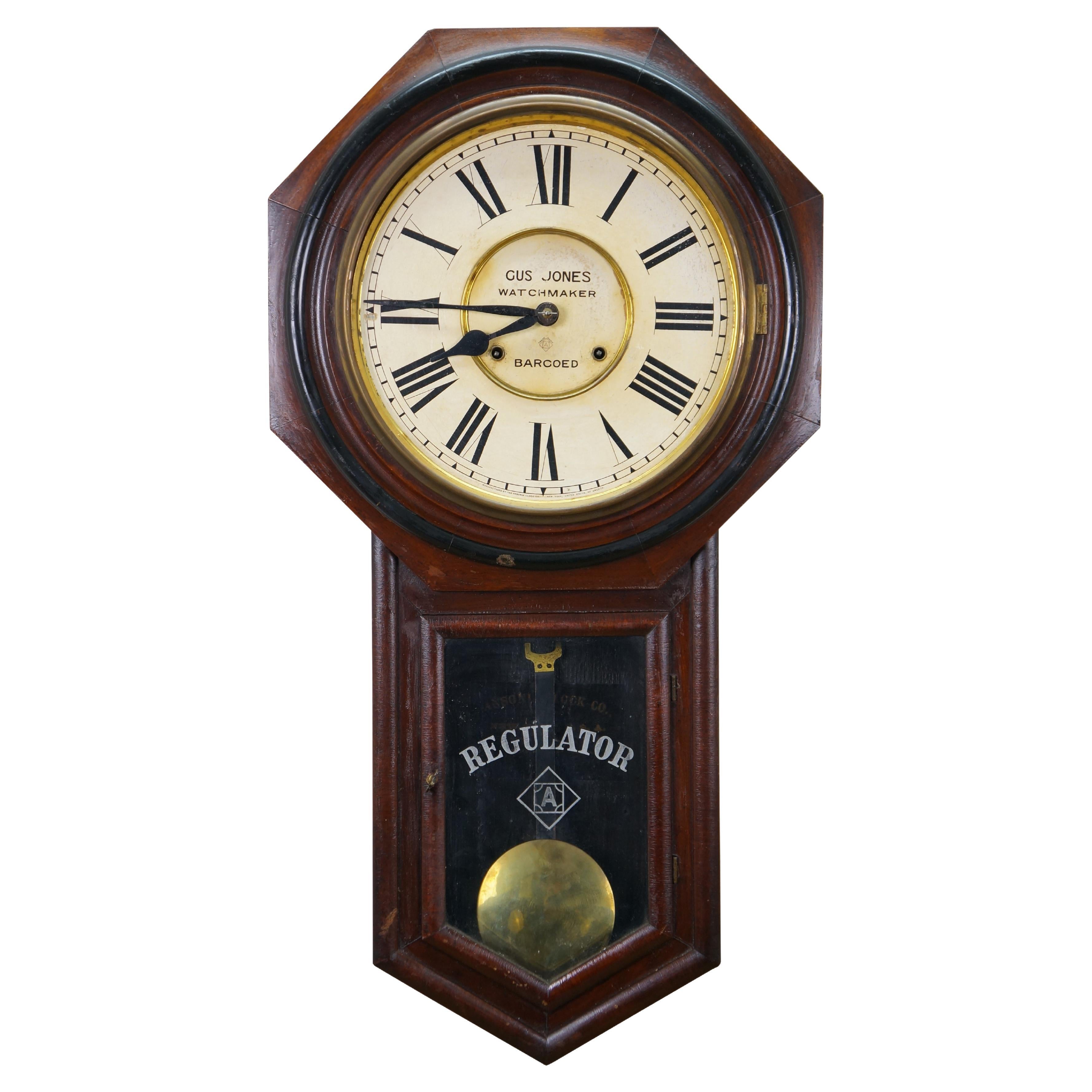 Antique Ansonia Regulator Schoolhouse Gus Jones Watchmakers Wall Clock 32" For Sale
