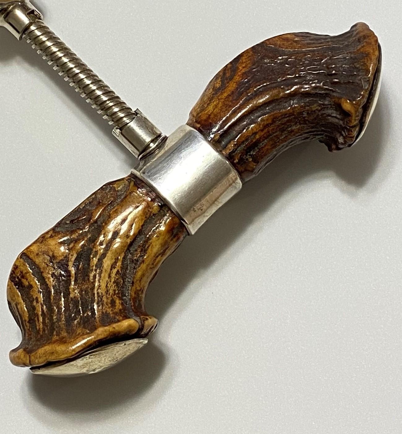 Antique One-of-a-Kind Antler 925 sterling silver corkscrew wine opener. Weighing approx. 365g. Stamped: JH Sterling 93(1893) engraved: THW Jr. Circa: 1893. For that Special Someone…Including You! 

 