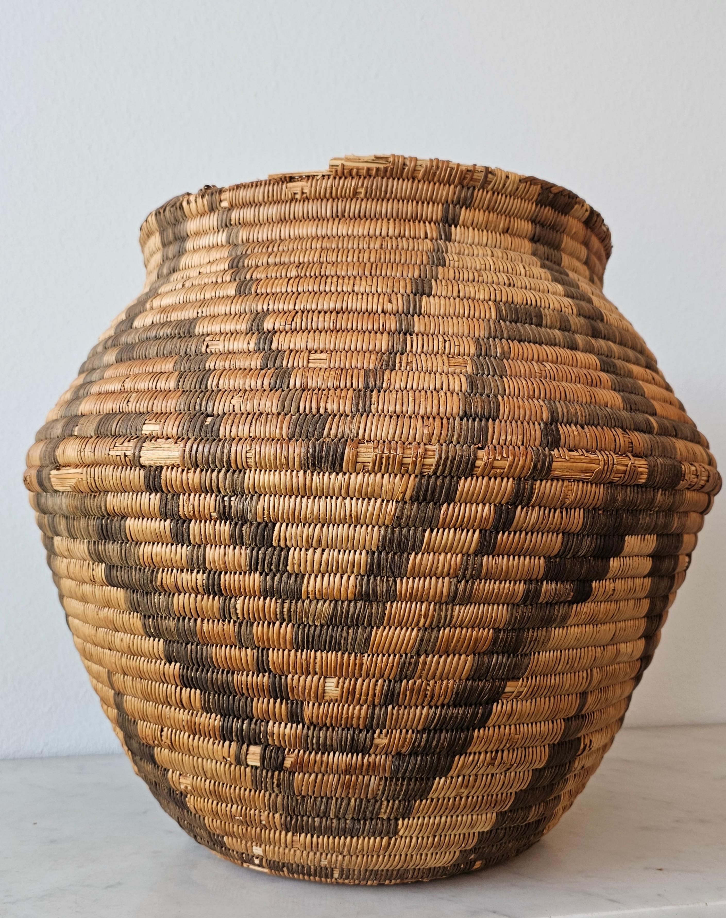 Hand-Woven Antique Apache Olla Jar Coiled Willow Wicker Devil's Claw Basket  For Sale