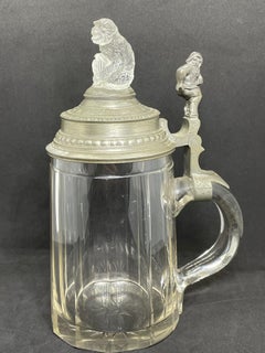 Antique Ape and Gnome Germany Lidded Glass Beer Stein, 1890s