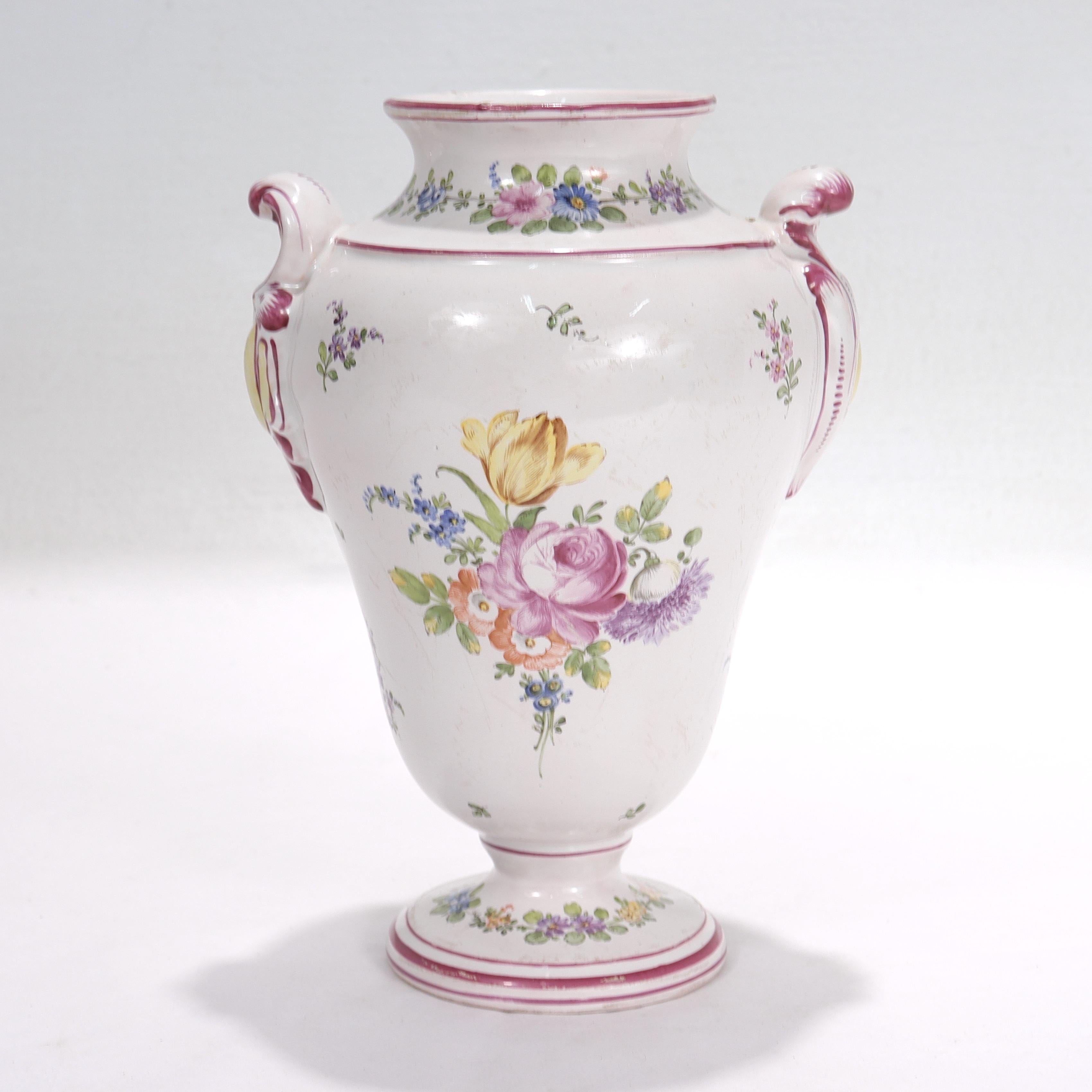 Painted Antique Aprey French Faience Pottery Vase with Floral Decoration For Sale