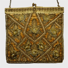 Antique Apricot Velvet Bag with Couch Work Metallic Embroidery Filigree Frame