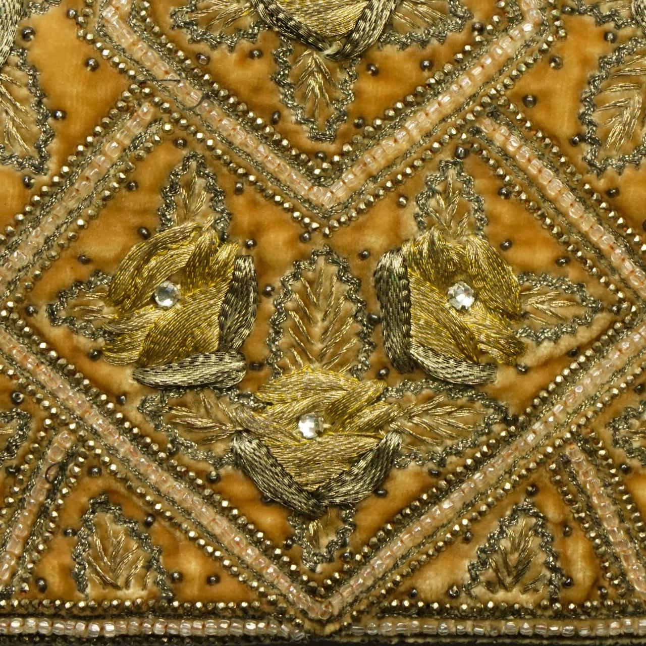 Brown Antique Apricot Velvet Bag with Couch Work Metallic Embroidery Filigree Frame For Sale