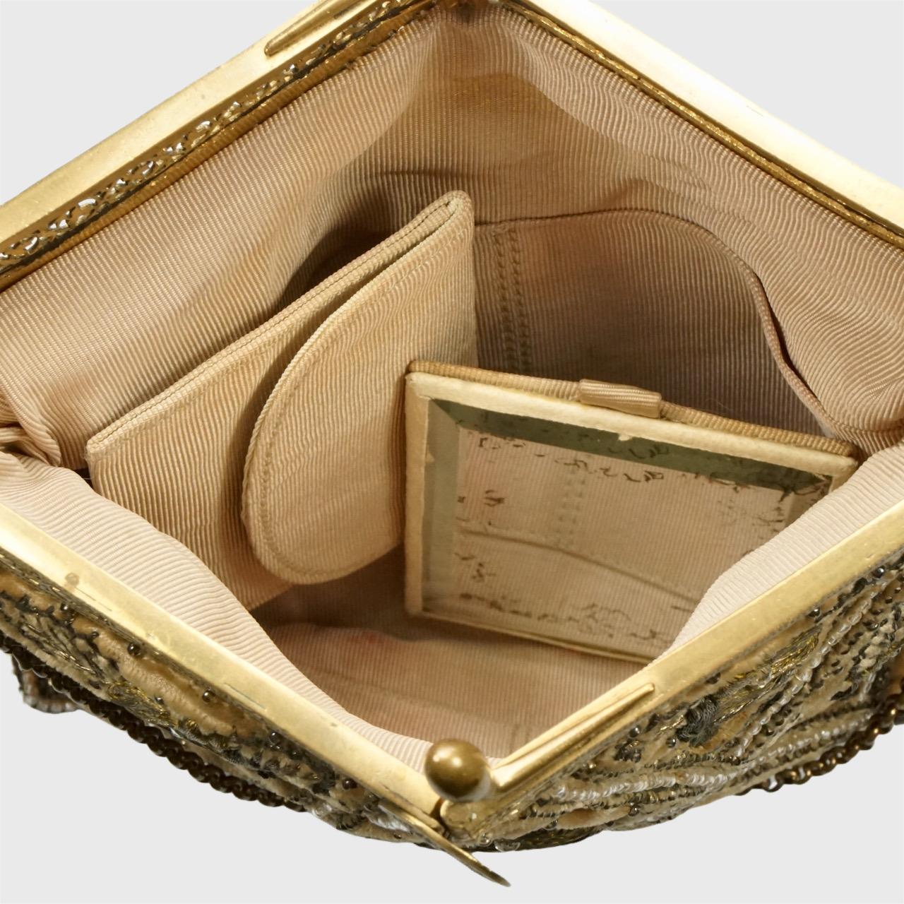 Antique Apricot Velvet Bag with Couch Work Metallic Embroidery Filigree Frame For Sale 1