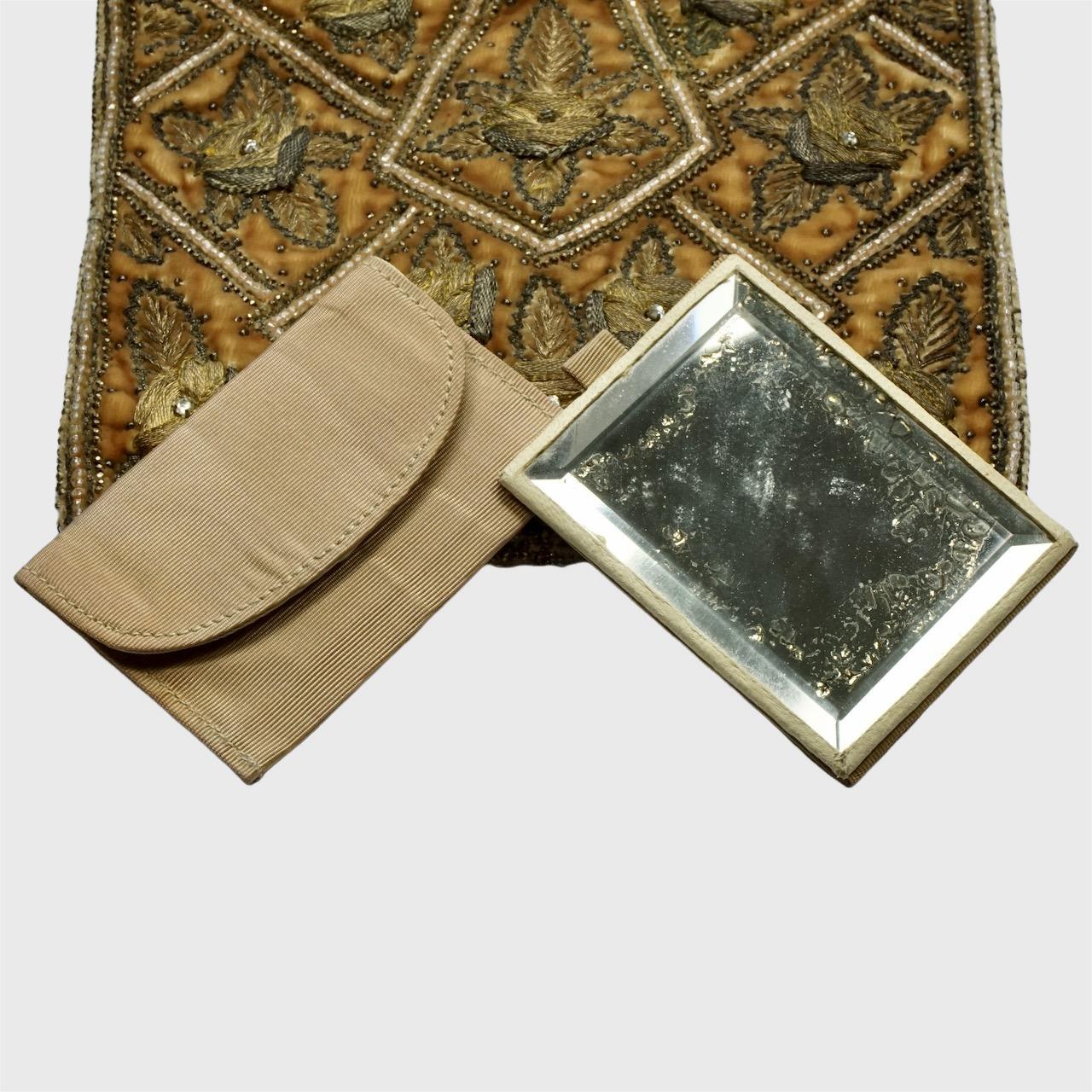 Antique Apricot Velvet Bag with Couch Work Metallic Embroidery Filigree Frame For Sale 2