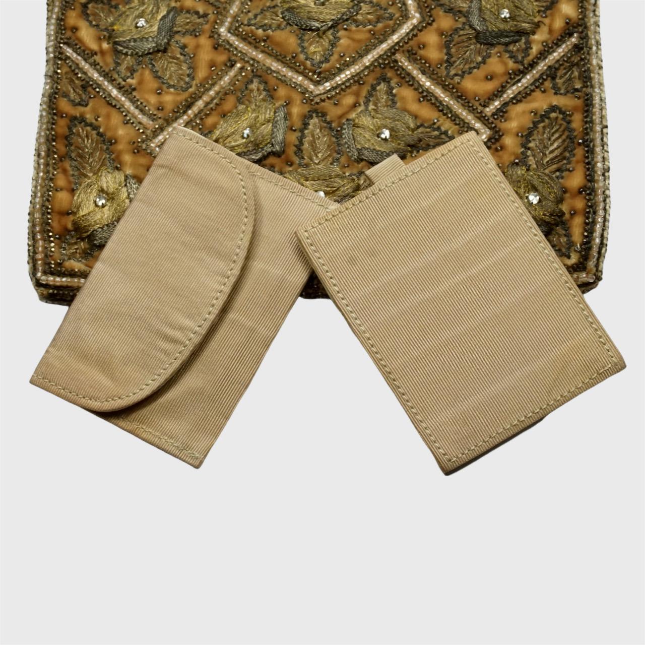Antique Apricot Velvet Bag with Couch Work Metallic Embroidery Filigree Frame For Sale 3