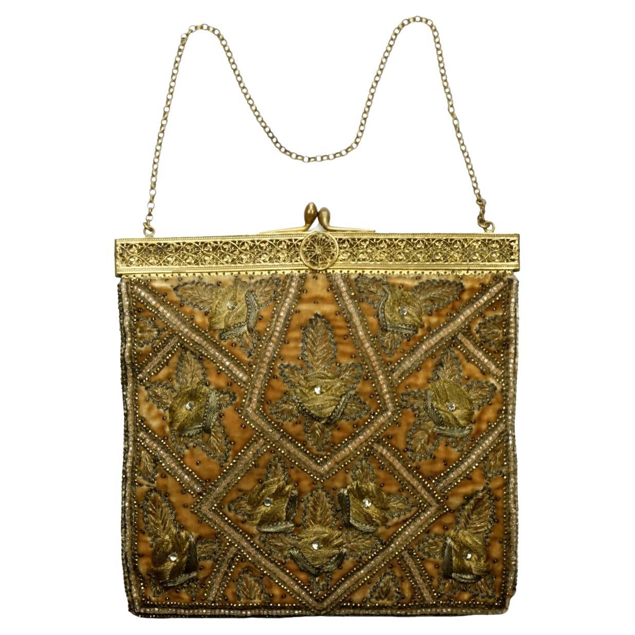 Antique Apricot Velvet Bag with Couch Work Metallic Embroidery Filigree Frame For Sale