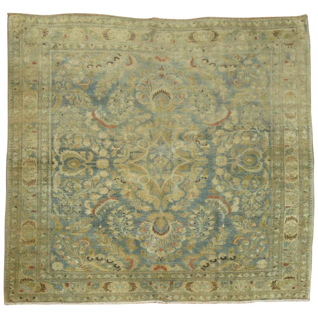 Antiker, 4 Fuß großer, quadratischer, persischer, traditioneller Sarouk-Teppich in Aquablau