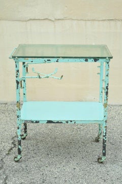 Antique Aqua Blue Distress Paint Metal Glass 2 Tier Medical Dental Cart Table