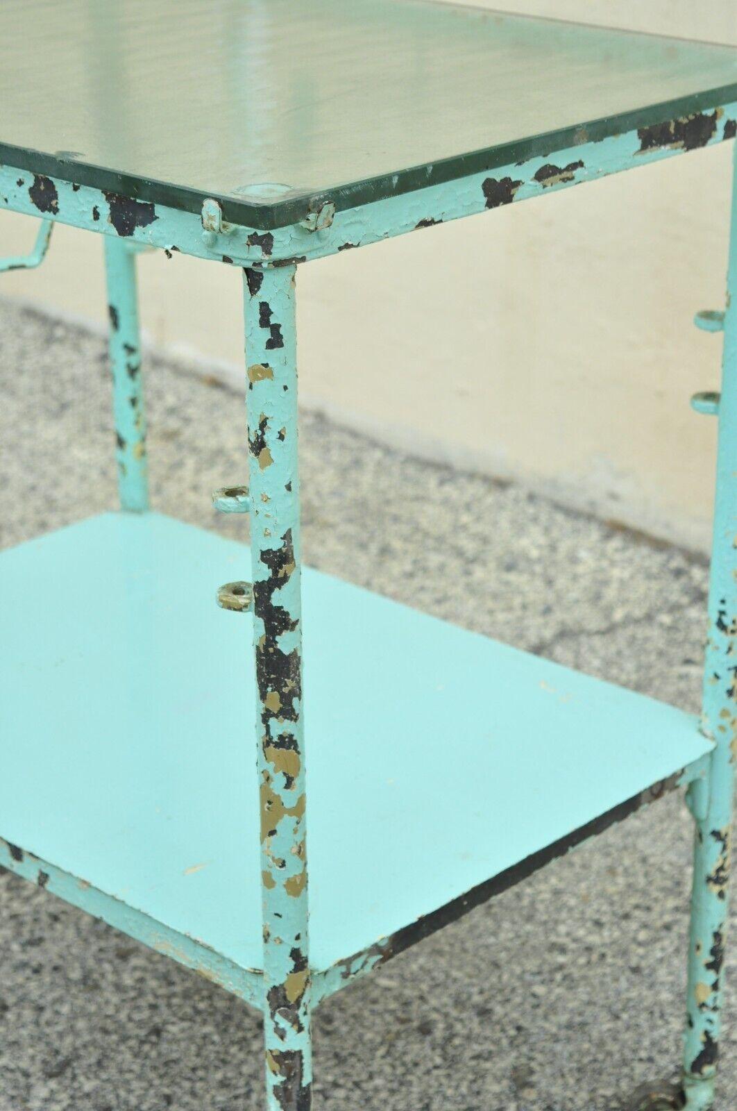 American Antique Aqua Blue Distress Paint Metal Glass 2 Tier Medical Dental Cart Table For Sale