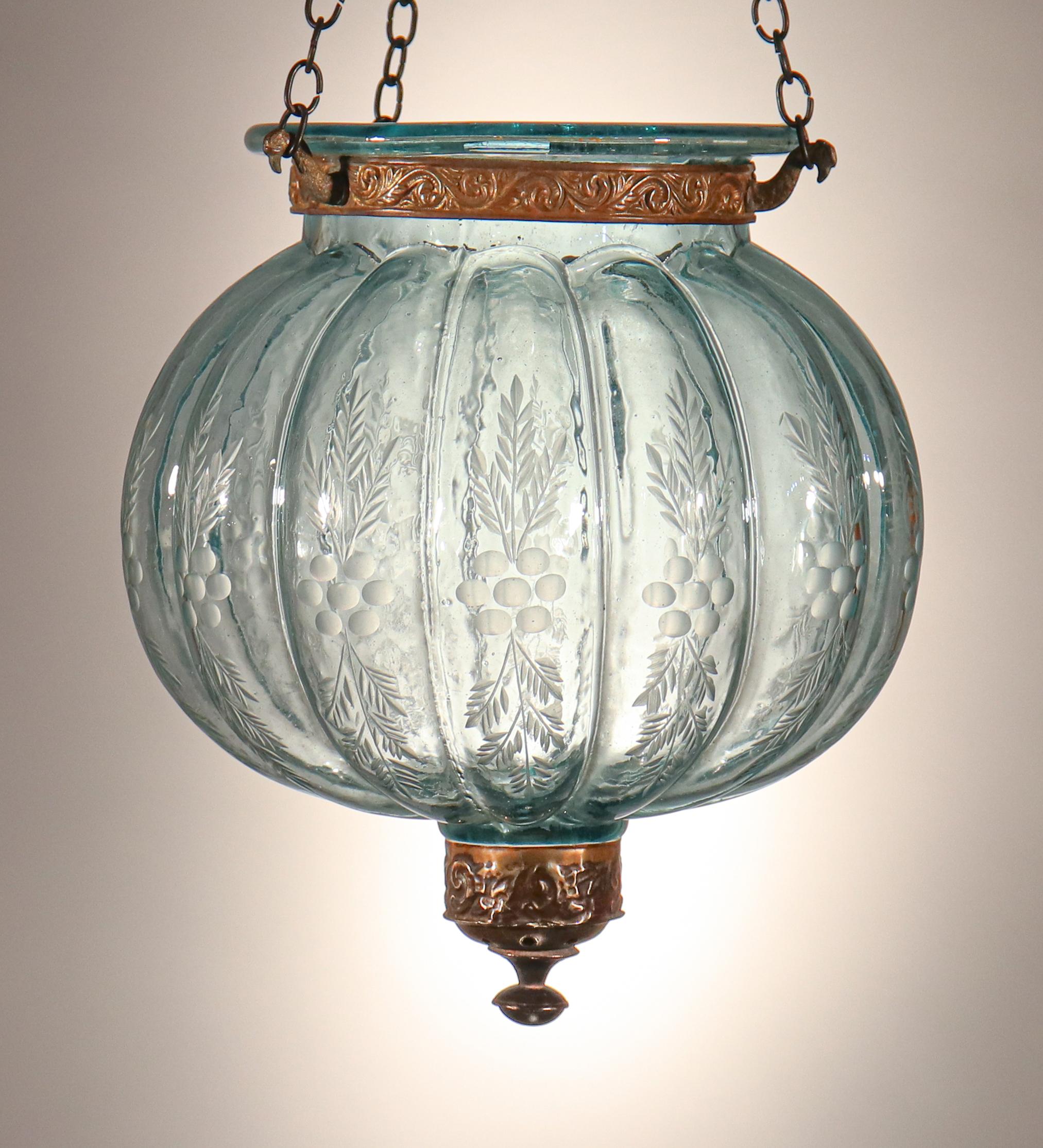 Antique Aqua Blue Melon or Pumpkin Bell Jar Lantern 2