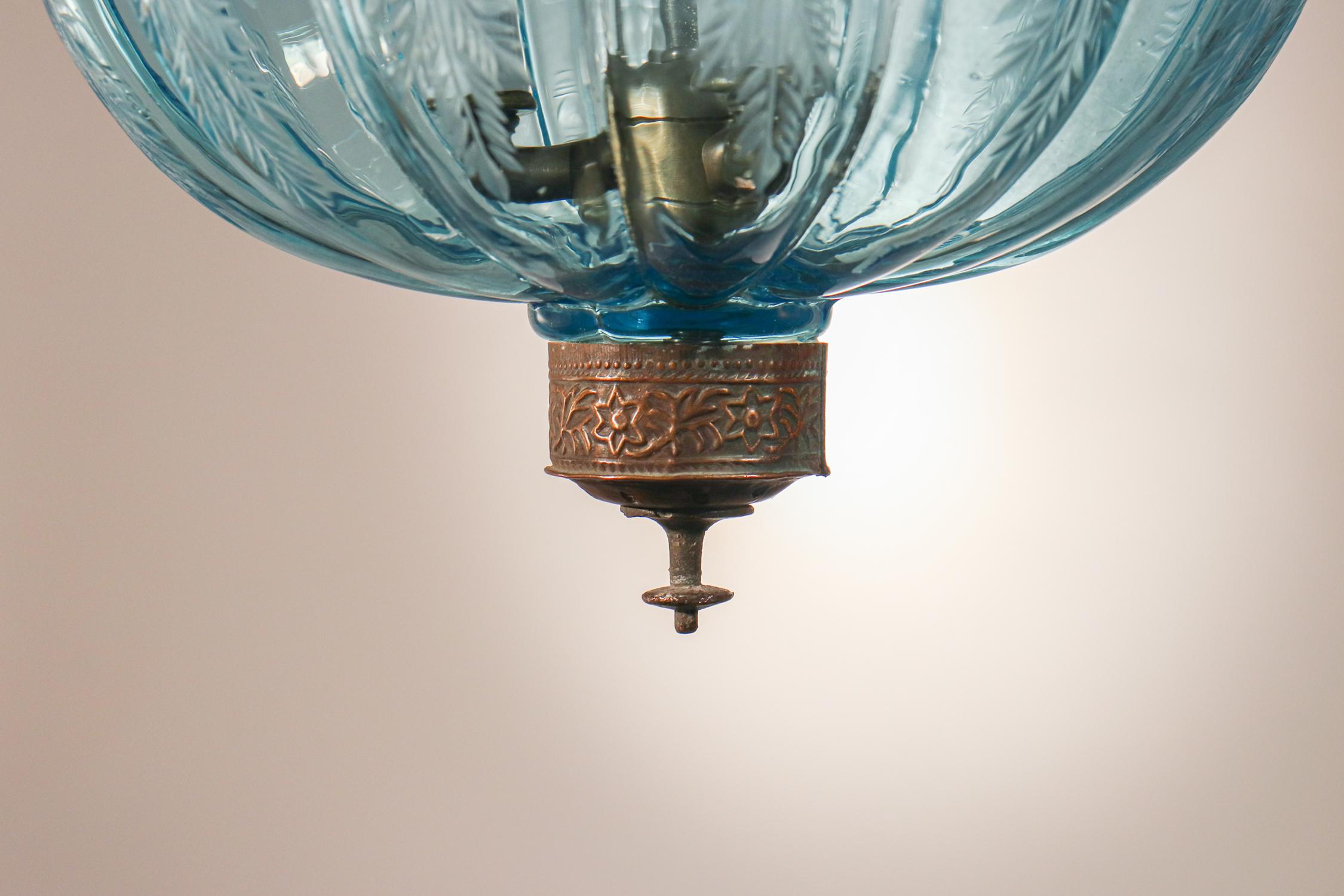 Antique Aqua Blue Melon or Pumpkin Bell Jar Lantern 1