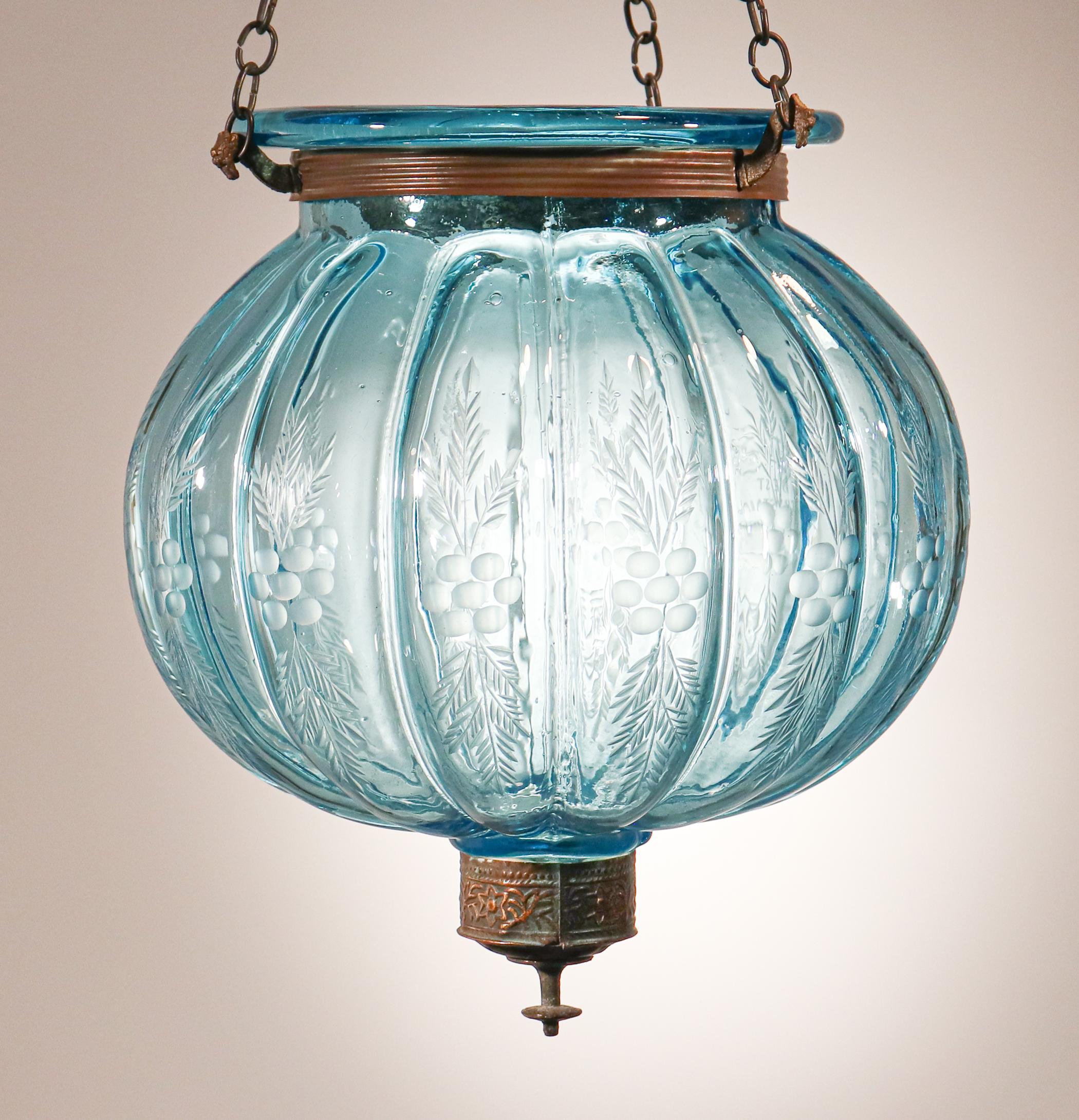 Antique Aqua Blue Melon or Pumpkin Bell Jar Lantern 3