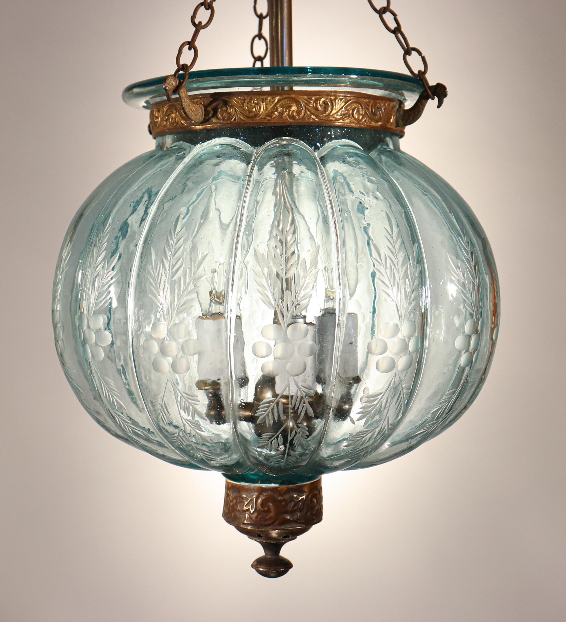 Dutch Colonial Antique Aqua Blue Melon or Pumpkin Bell Jar Lantern