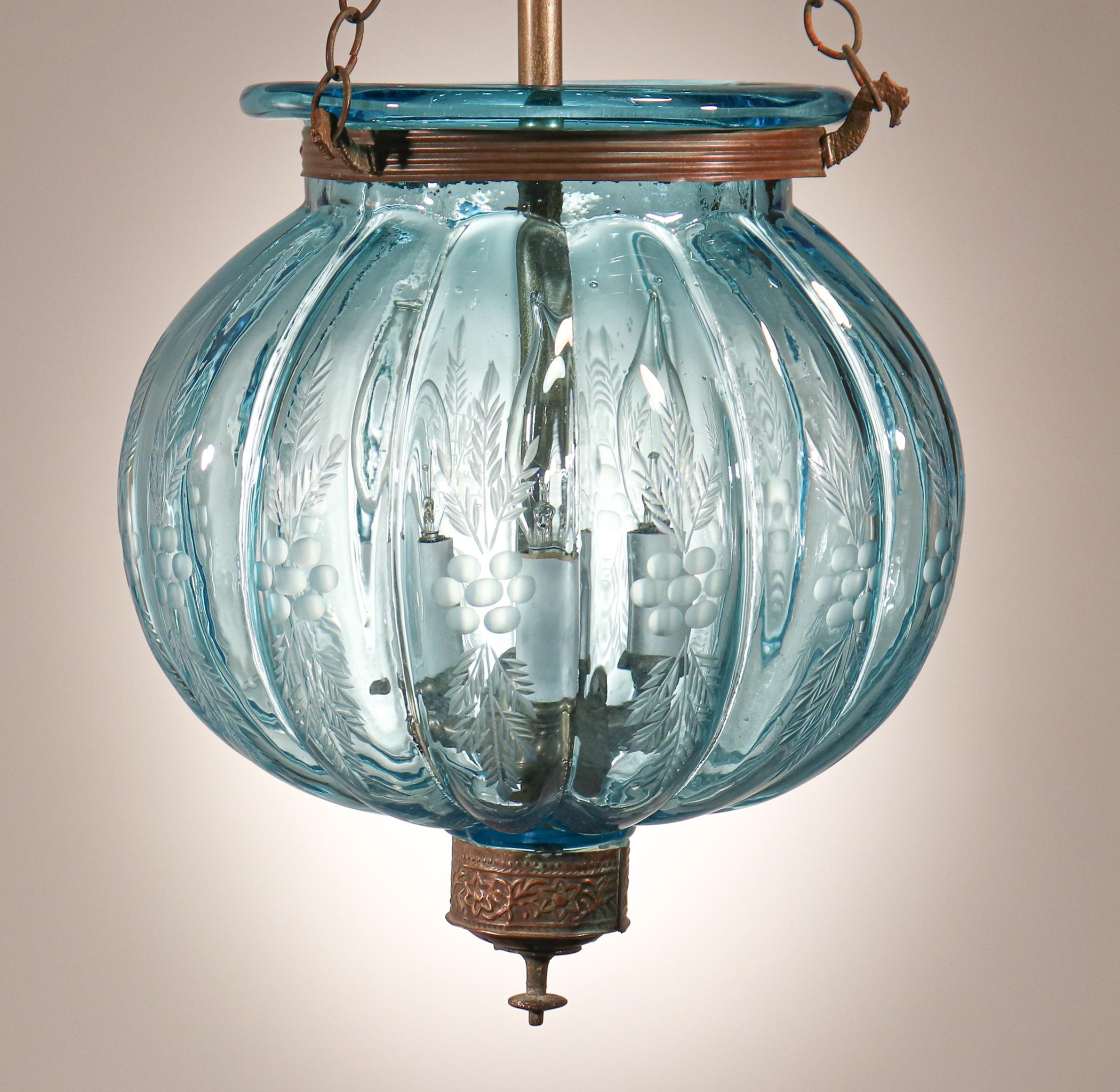 Dutch Colonial Antique Aqua Blue Melon or Pumpkin Bell Jar Lantern