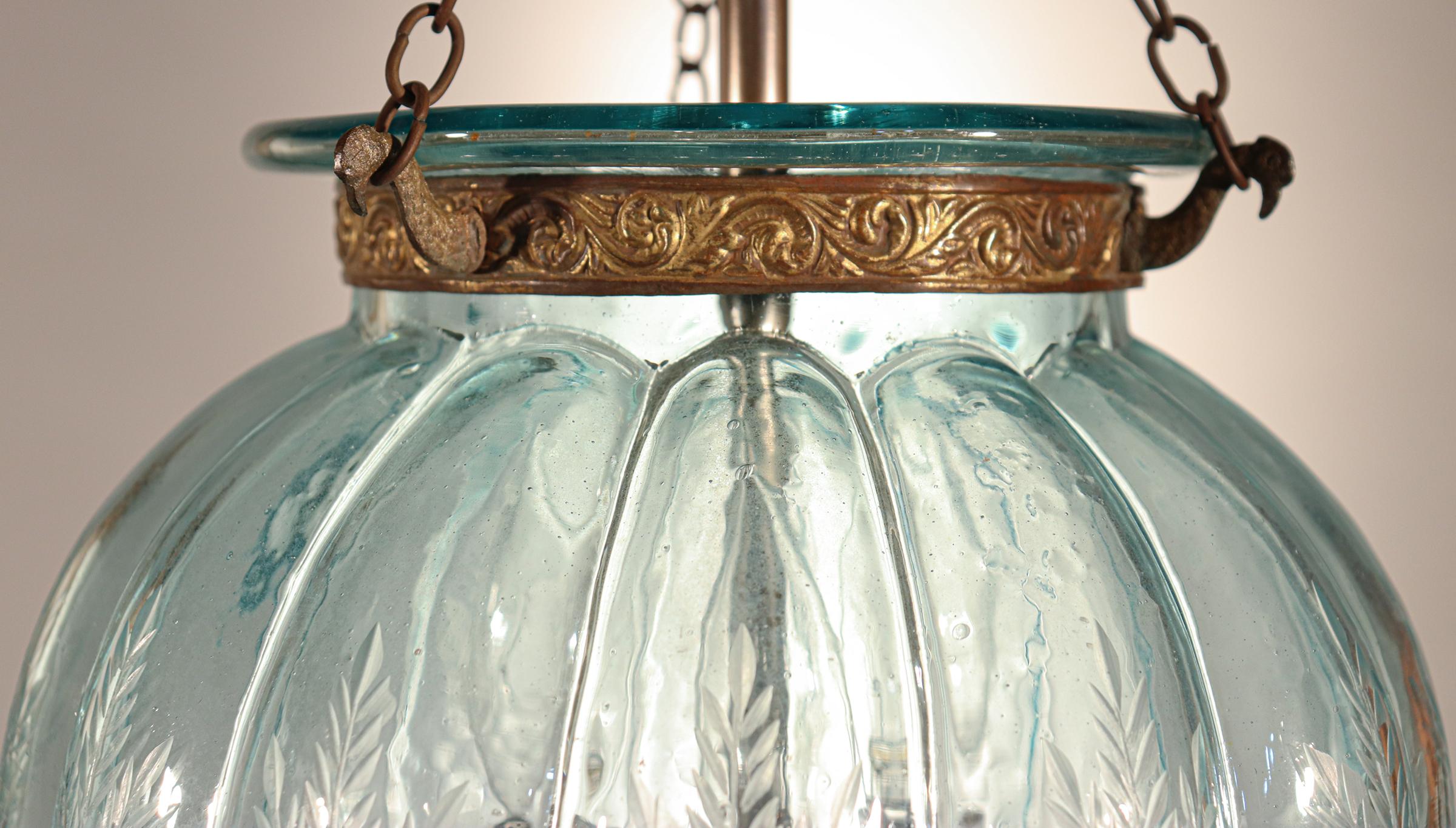 Etched Antique Aqua Blue Melon or Pumpkin Bell Jar Lantern