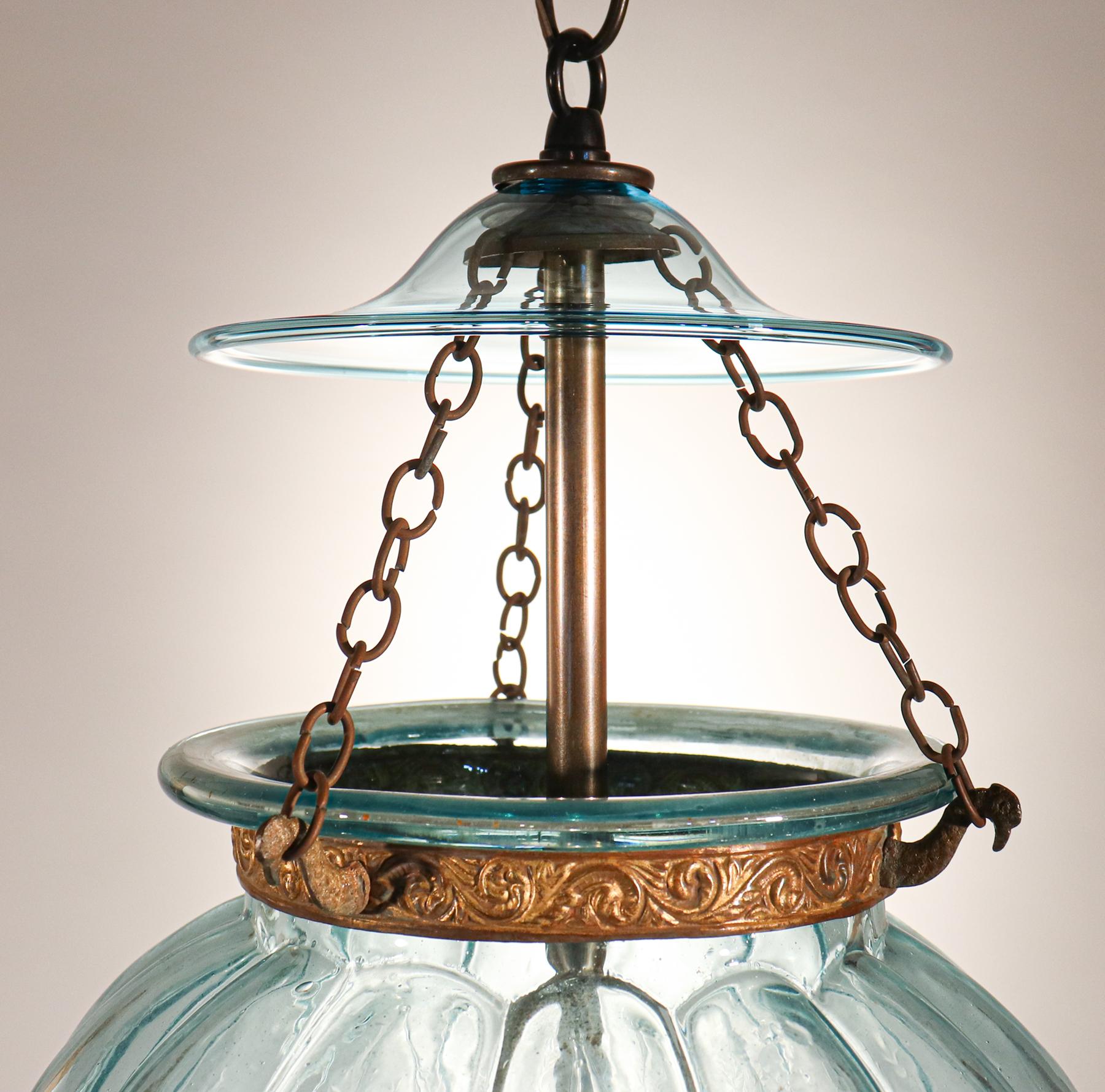 Antique Aqua Blue Melon or Pumpkin Bell Jar Lantern In Good Condition In Heath, MA