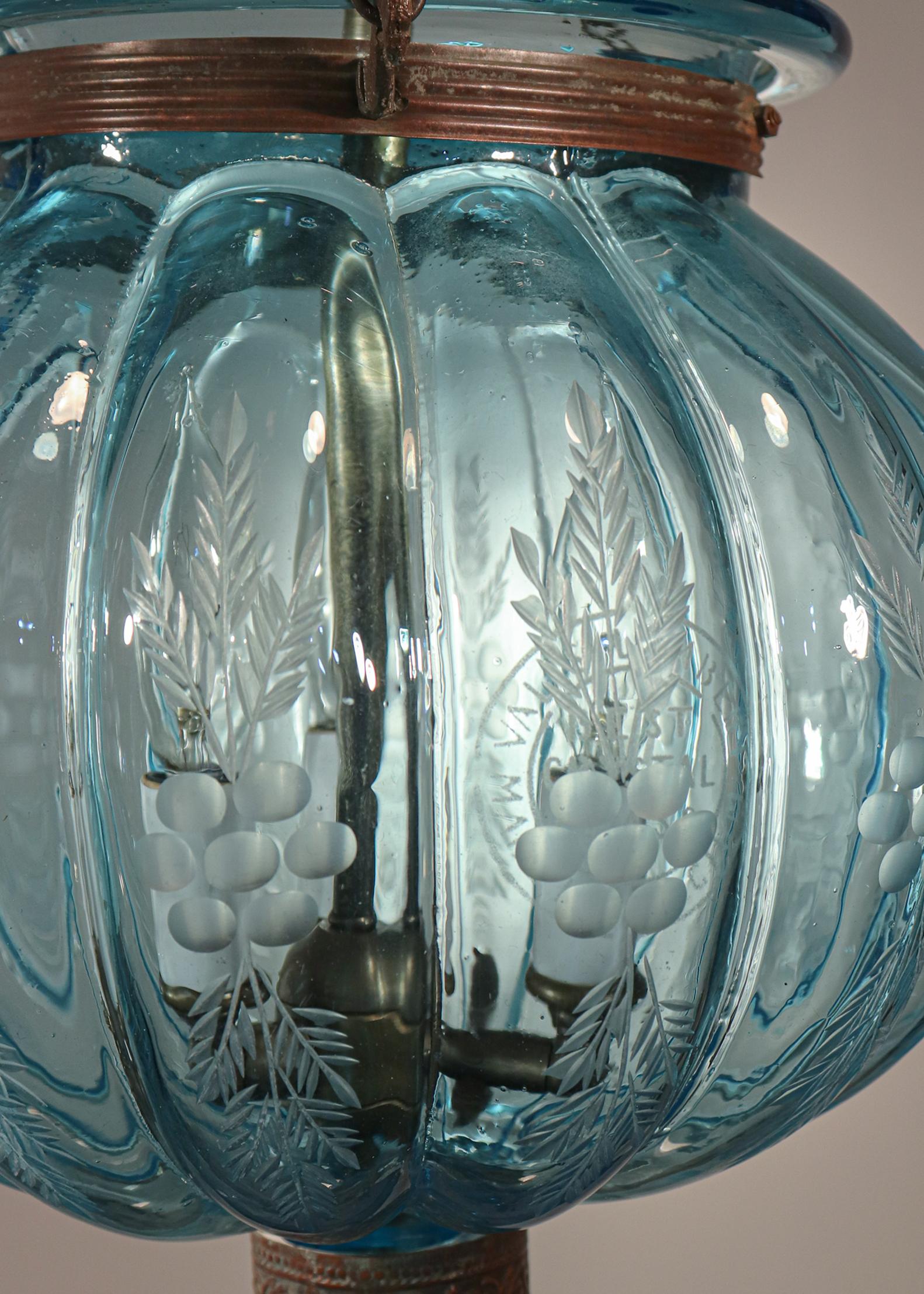 Etched Antique Aqua Blue Melon or Pumpkin Bell Jar Lantern