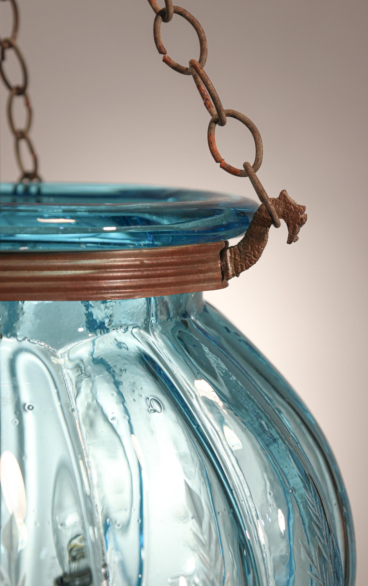 Antique Aqua Blue Melon or Pumpkin Bell Jar Lantern In Good Condition In Heath, MA