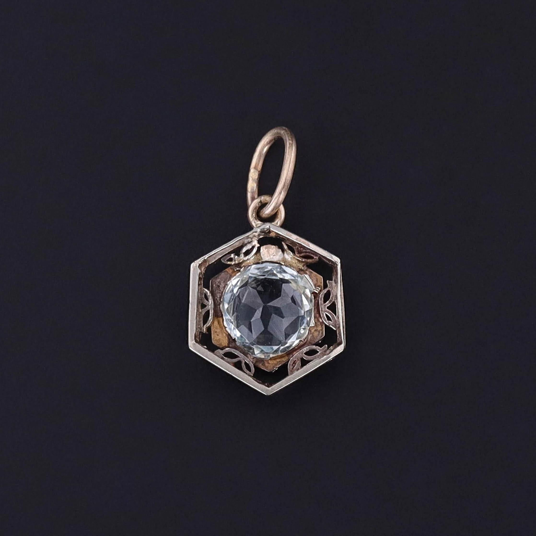 Edwardian Antique Aqua Charm of 14k White and Yellow Gold For Sale