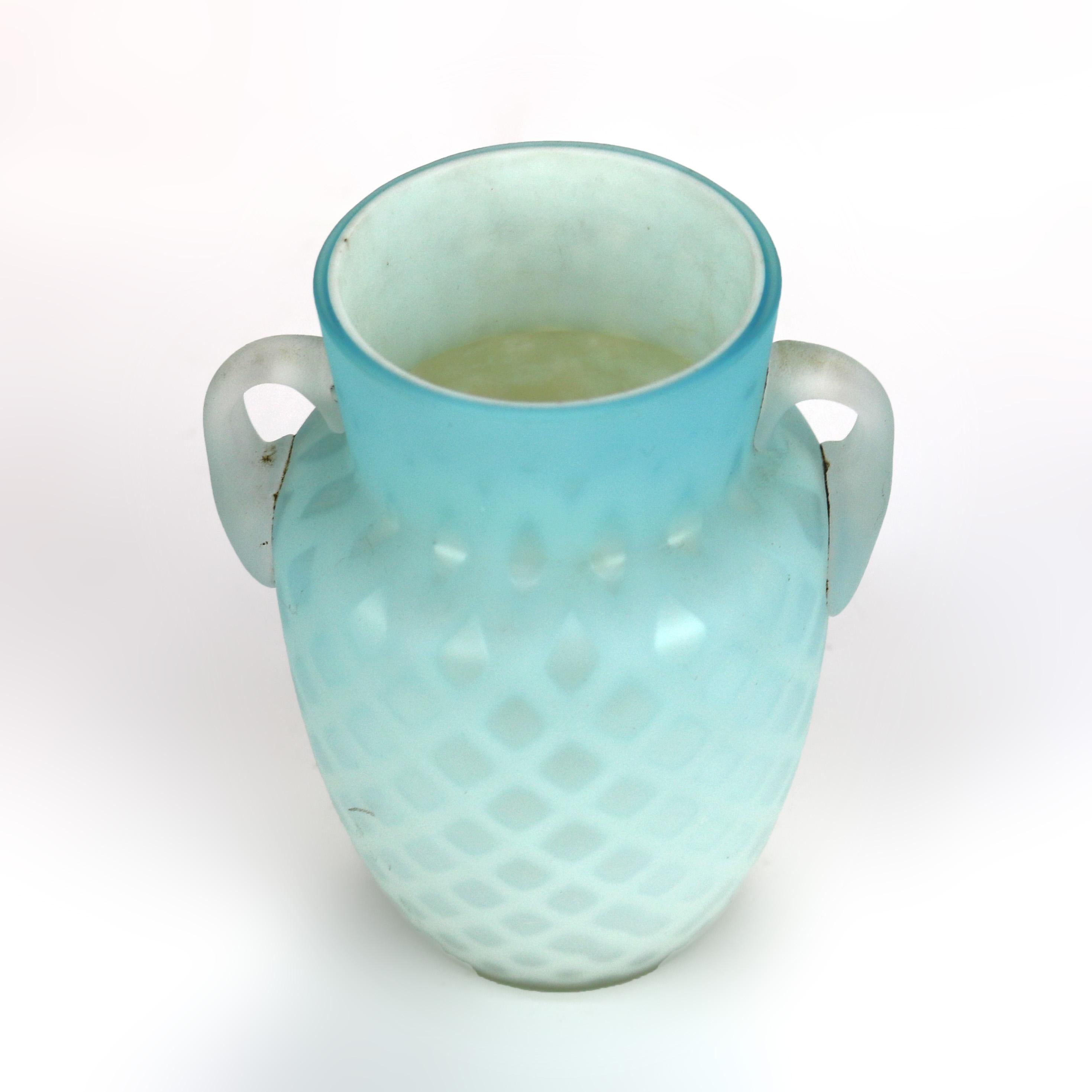 Antique Aqua Glass Double Handled Vase with Diamond Quilt Pattern C1890 For Sale 5