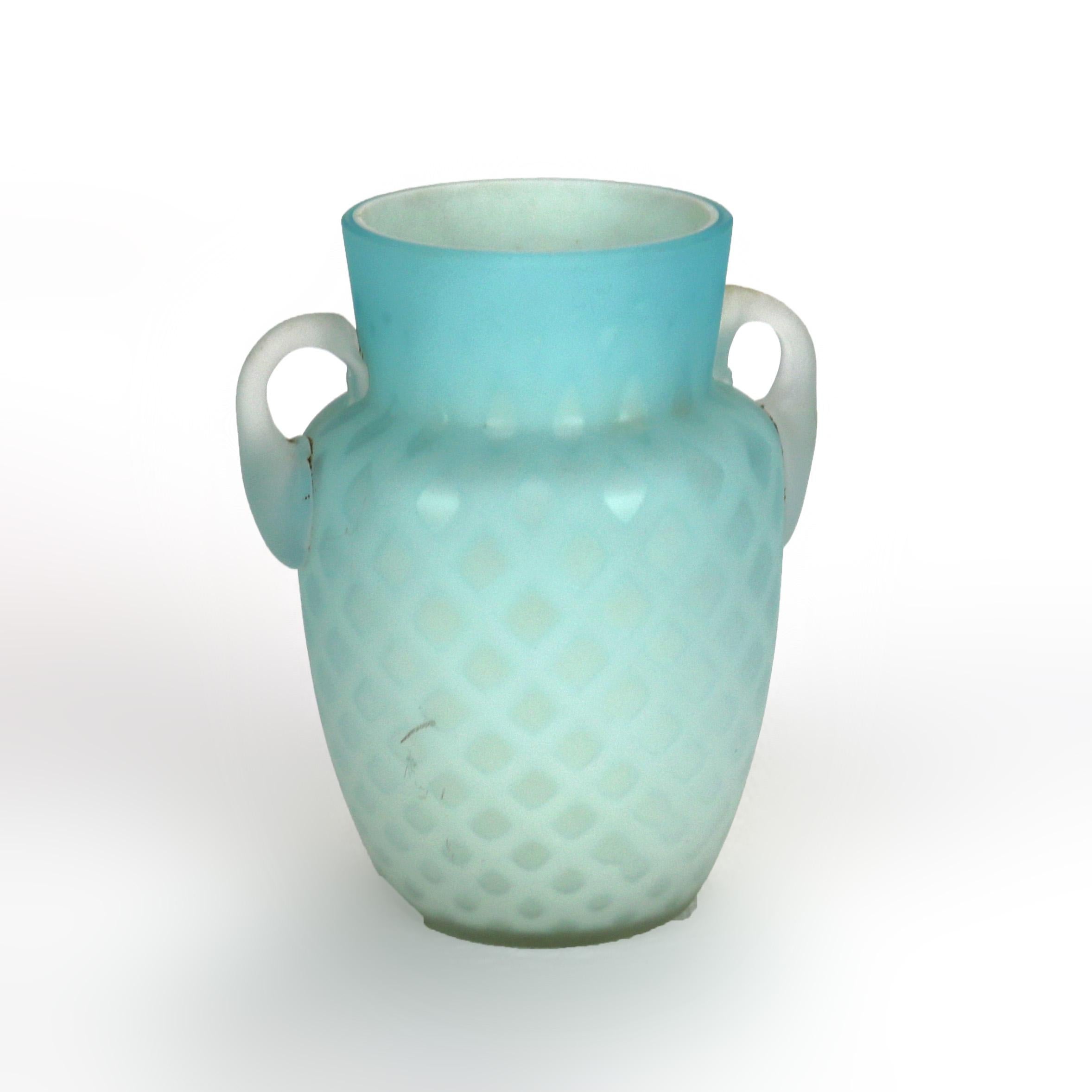 Antique Aqua Glass Double Handled Vase with Diamond Quilt Pattern C1890

4 1/2