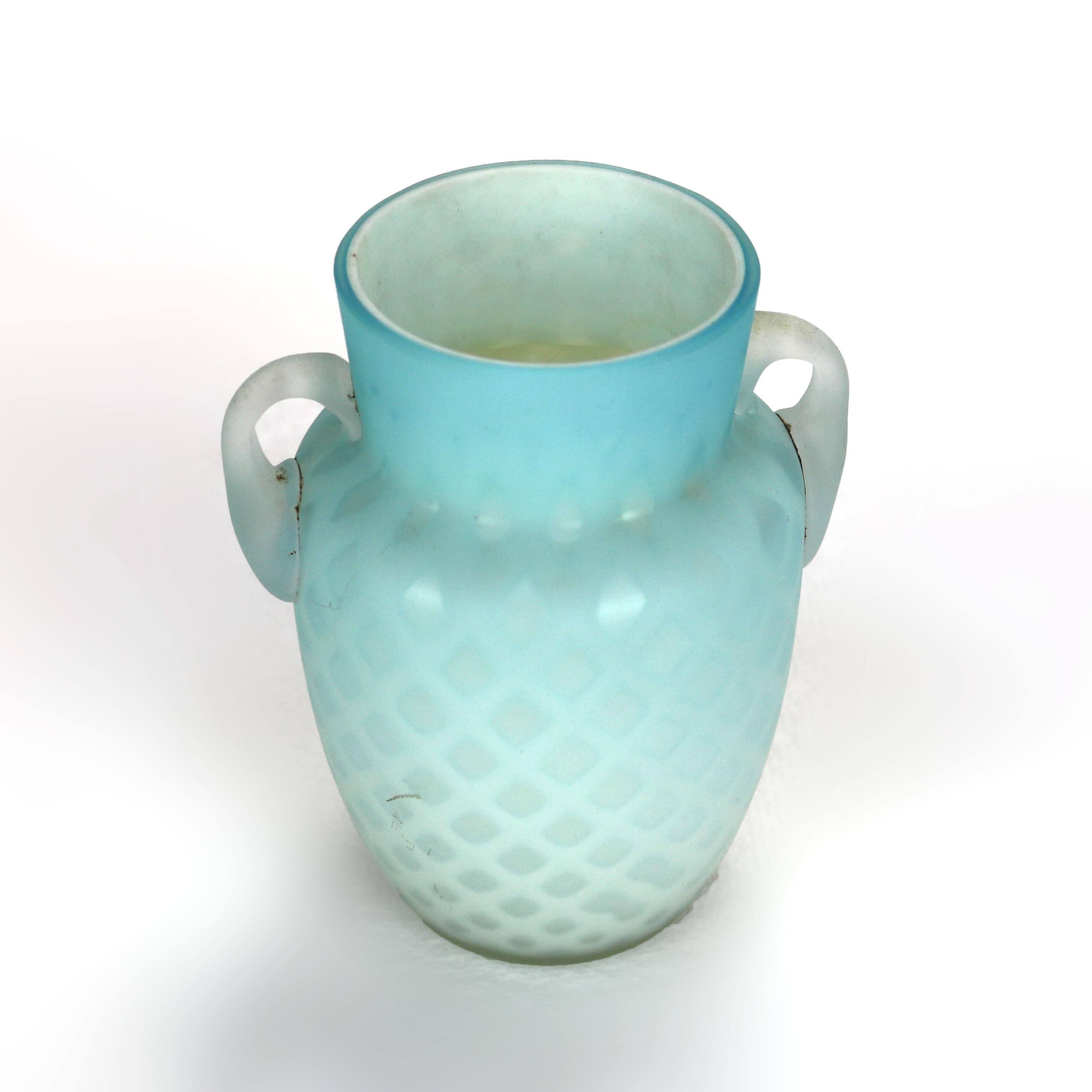 Antique Aqua Glass Double Handled Vase with Diamond Quilt Pattern C1890 In Good Condition For Sale In Big Flats, NY