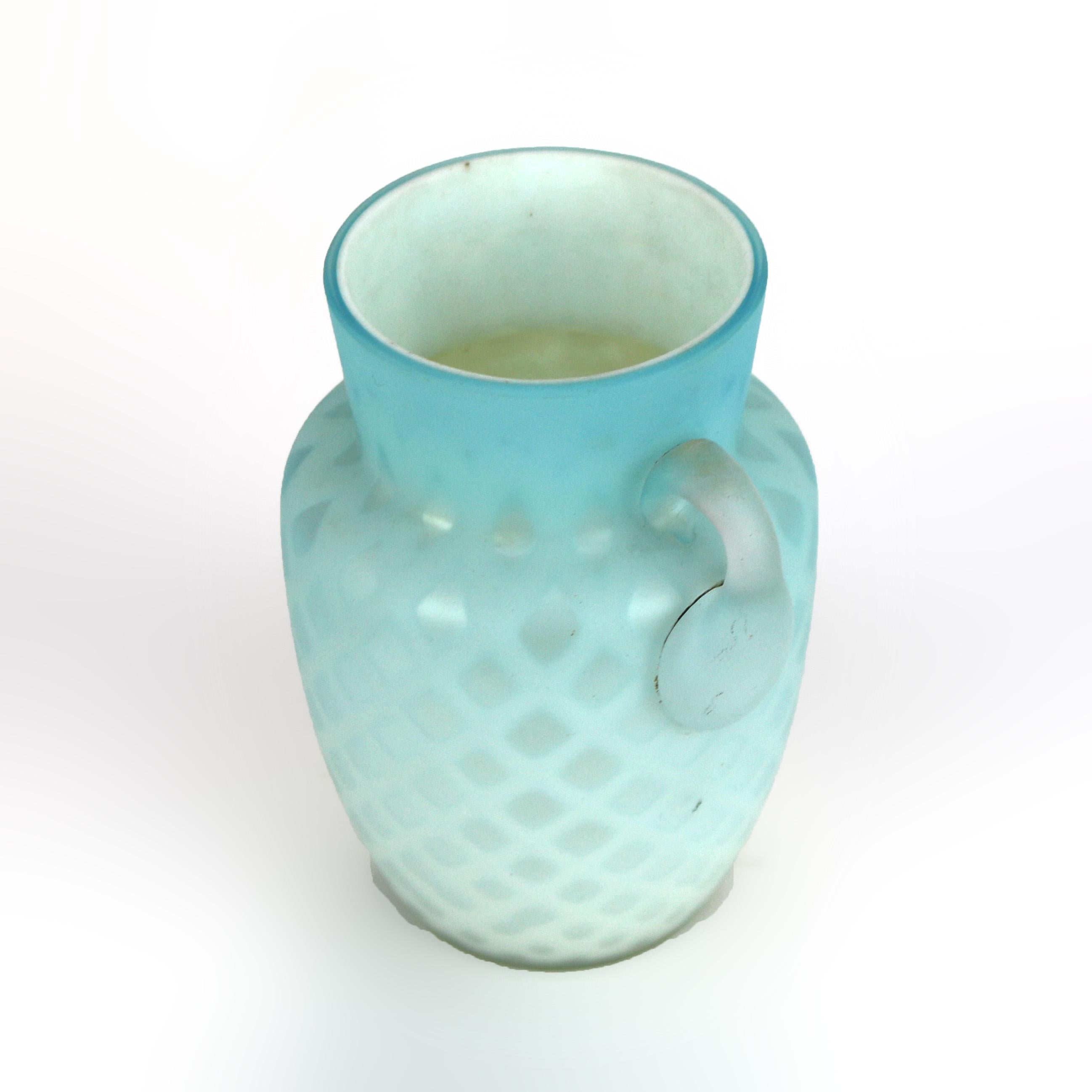 Art Glass Antique Aqua Glass Double Handled Vase with Diamond Quilt Pattern C1890 For Sale
