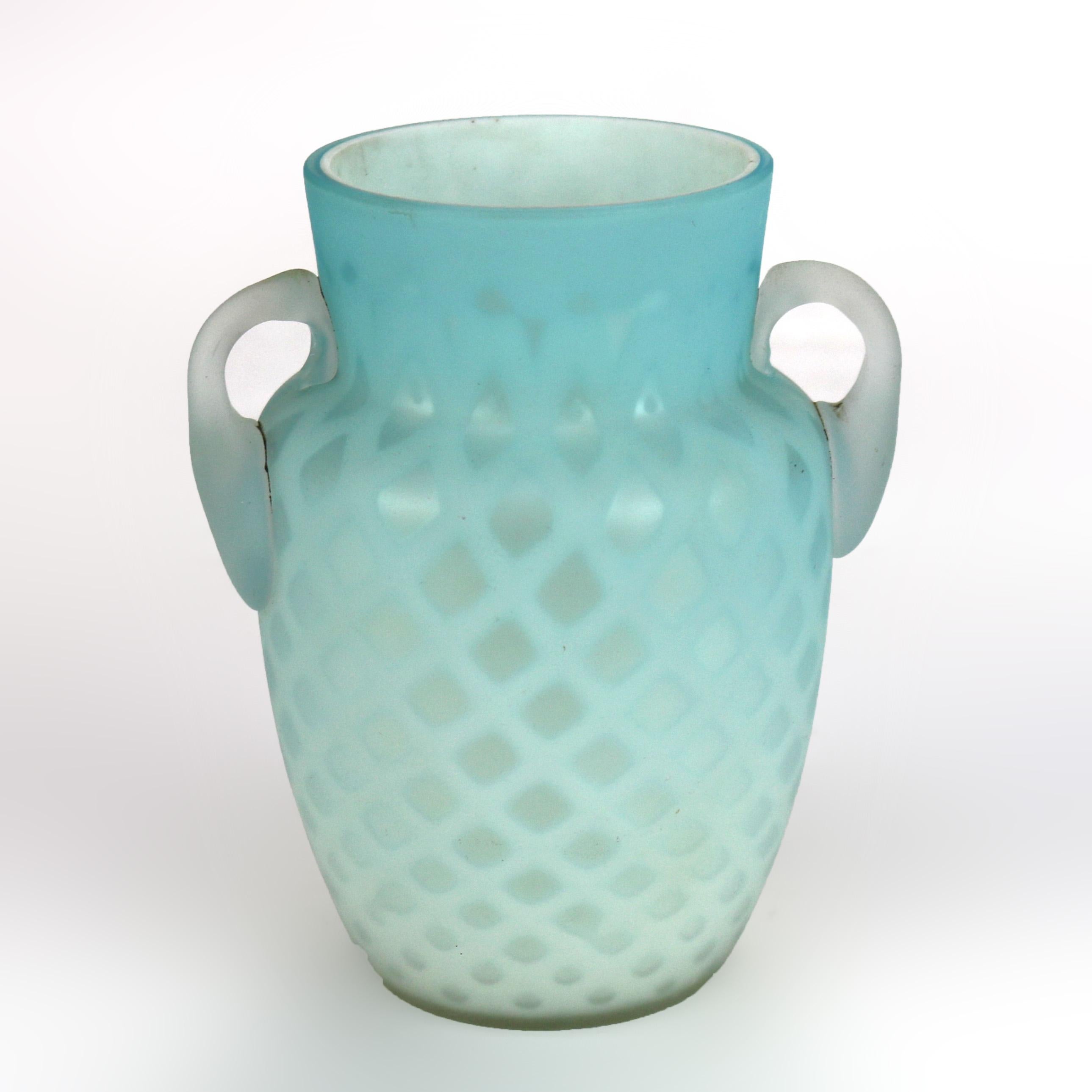 Antique Aqua Glass Double Handled Vase with Diamond Quilt Pattern C1890 For Sale 1