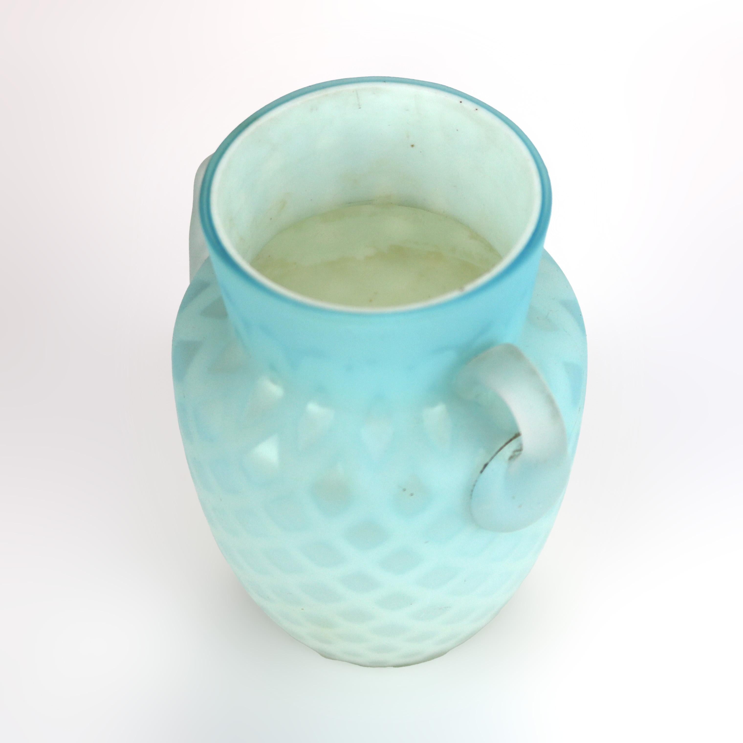 Antique Aqua Glass Double Handled Vase with Diamond Quilt Pattern C1890 For Sale 2