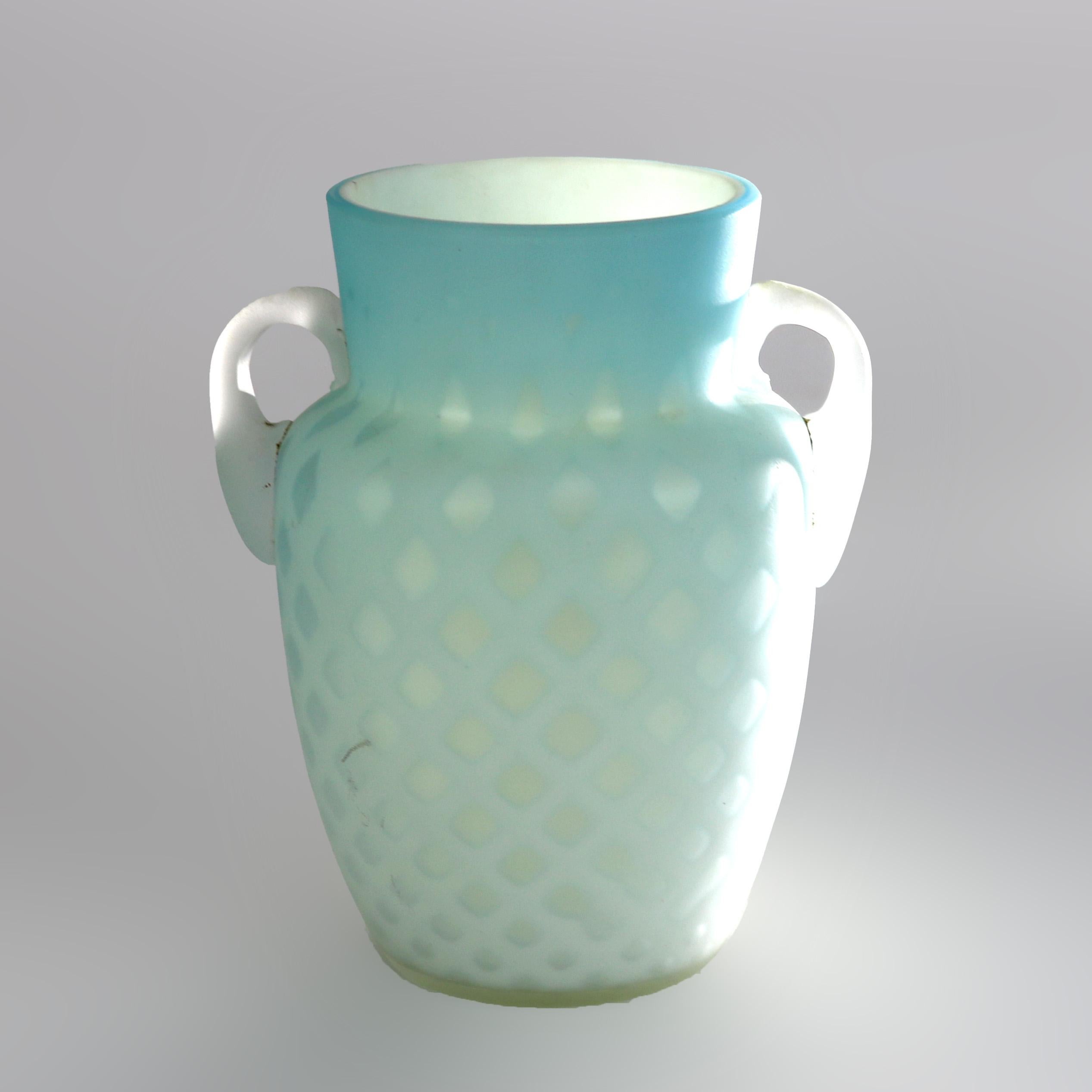 Antique Aqua Glass Double Handled Vase with Diamond Quilt Pattern C1890 For Sale 4