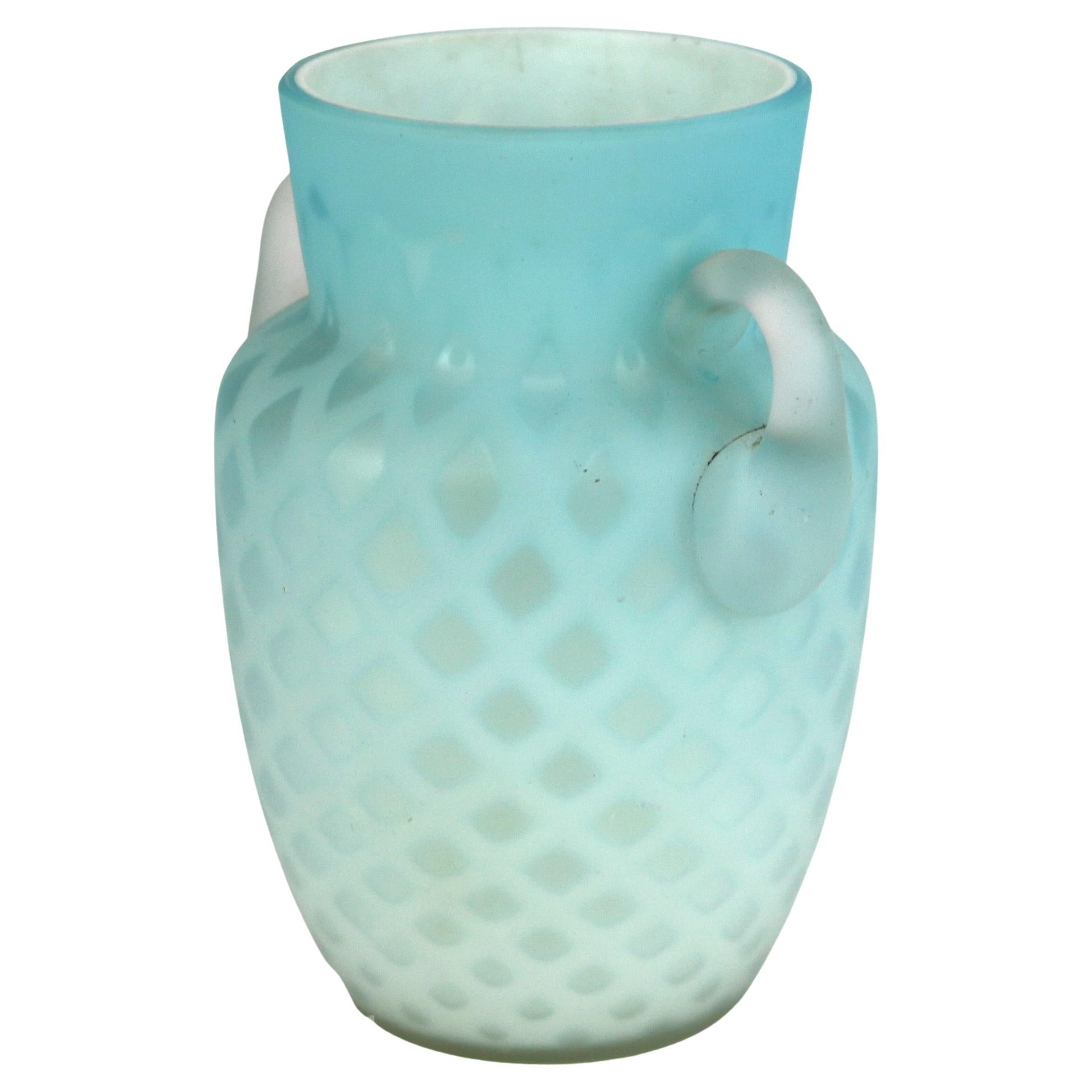 Antique Aqua Glass Double Handled Vase with Diamond Quilt Pattern C1890