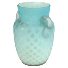 Antique Aqua Glass Double Handled Vase with Diamond Quilt Pattern C1890
