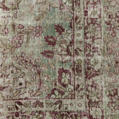 Antique Aqua Green/Burgundy Distressed Lavar Kirman Rug with All-Over Pattern