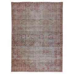 Antique Aqua Green/Burgundy Distressed Lavar Kirman Rug with All-Over Pattern