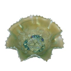 Antique Aqua Opalescent 3 Fruits Medallion Carnival Glass Footed Bowl c1930