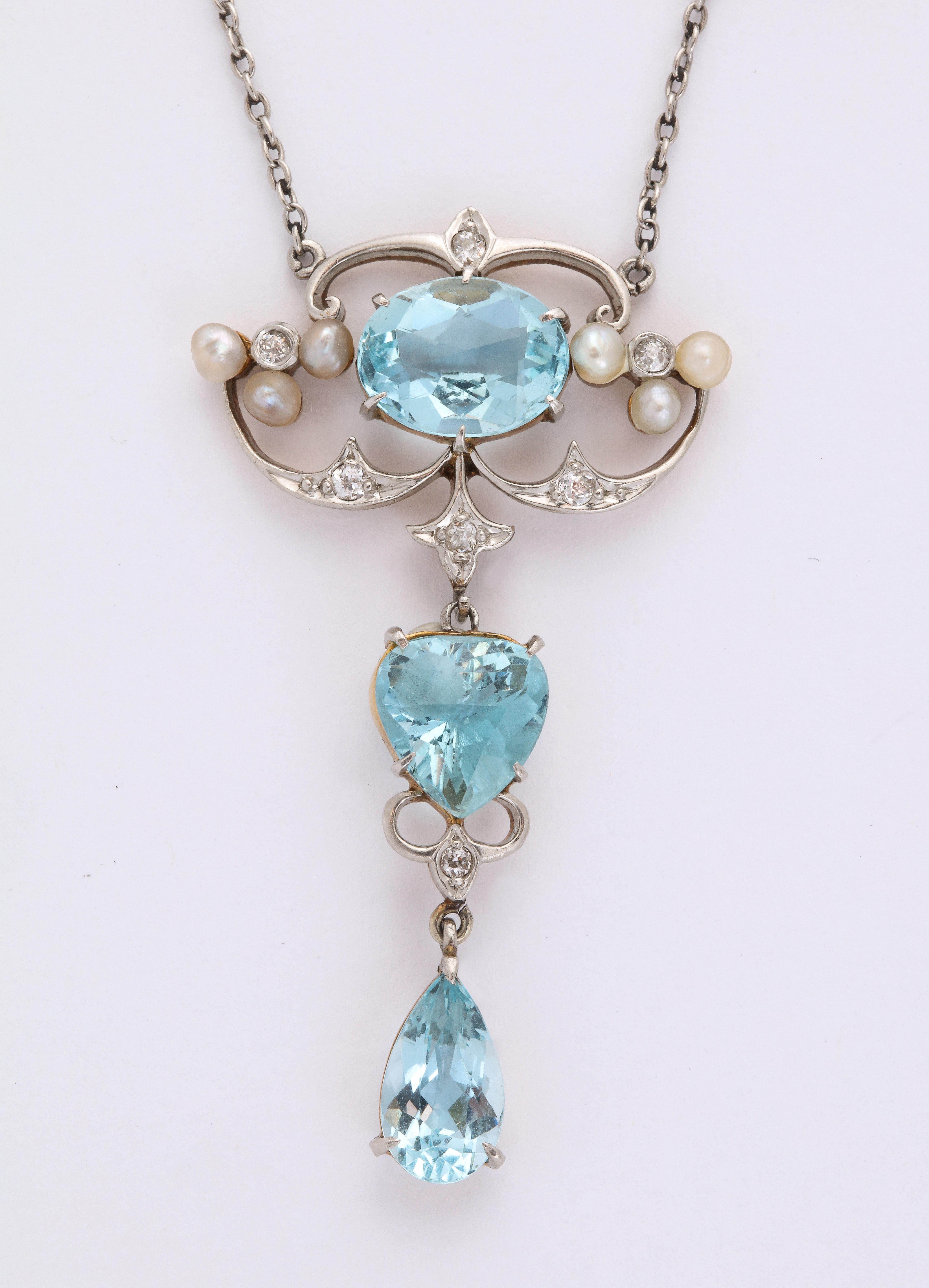 Mixed Cut Antique Aquamarine and Diamond Necklace