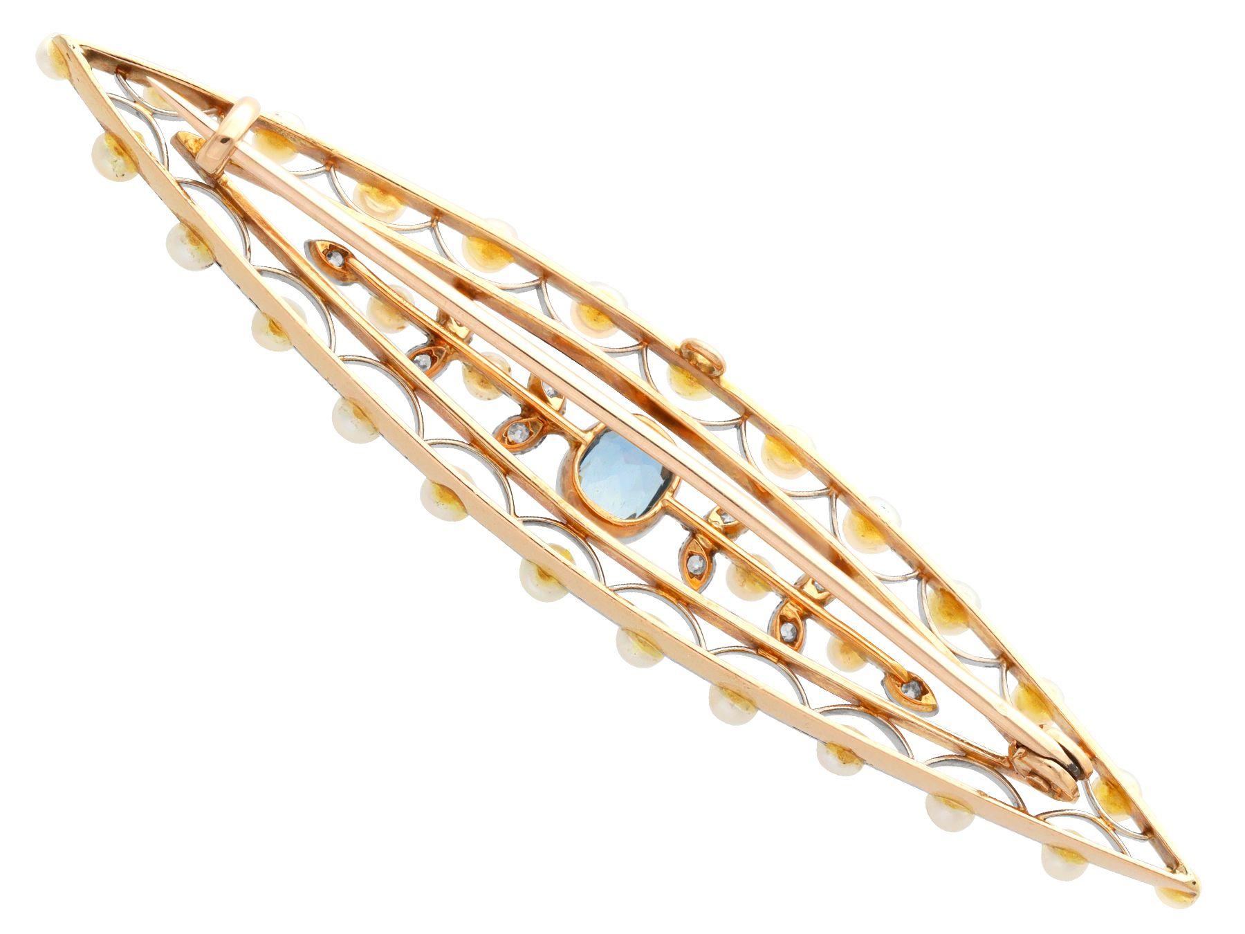 Women's or Men's Antique Aquamarine and Diamond Pearl and 14k Rose Gold Brooch For Sale