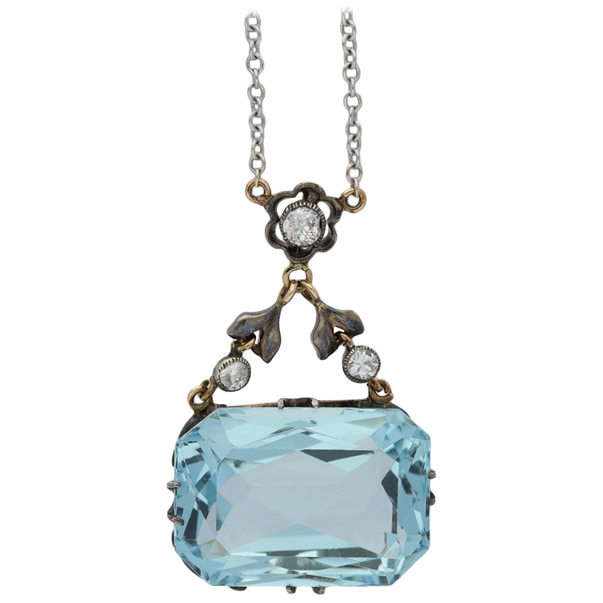 Antique Aquamarine and Diamond Pendant, English, circa 1910 For Sale