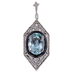 Antique Aquamarine and Diamond Pendant of Platinum and 14k Gold