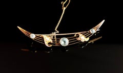 Antique Aquamarine and Pearl Crescent Brooch, 15k Yellow Gold, Victorian