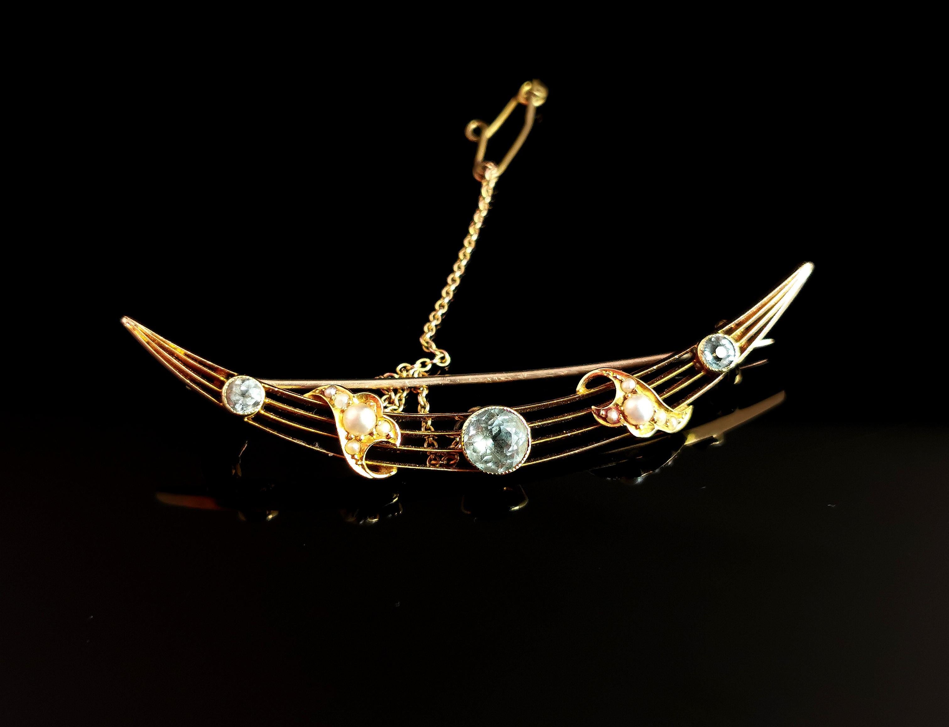Women's or Men's Antique Aquamarine and Pearl Crescent Brooch, 15k Yellow Gold, Victorian For Sale