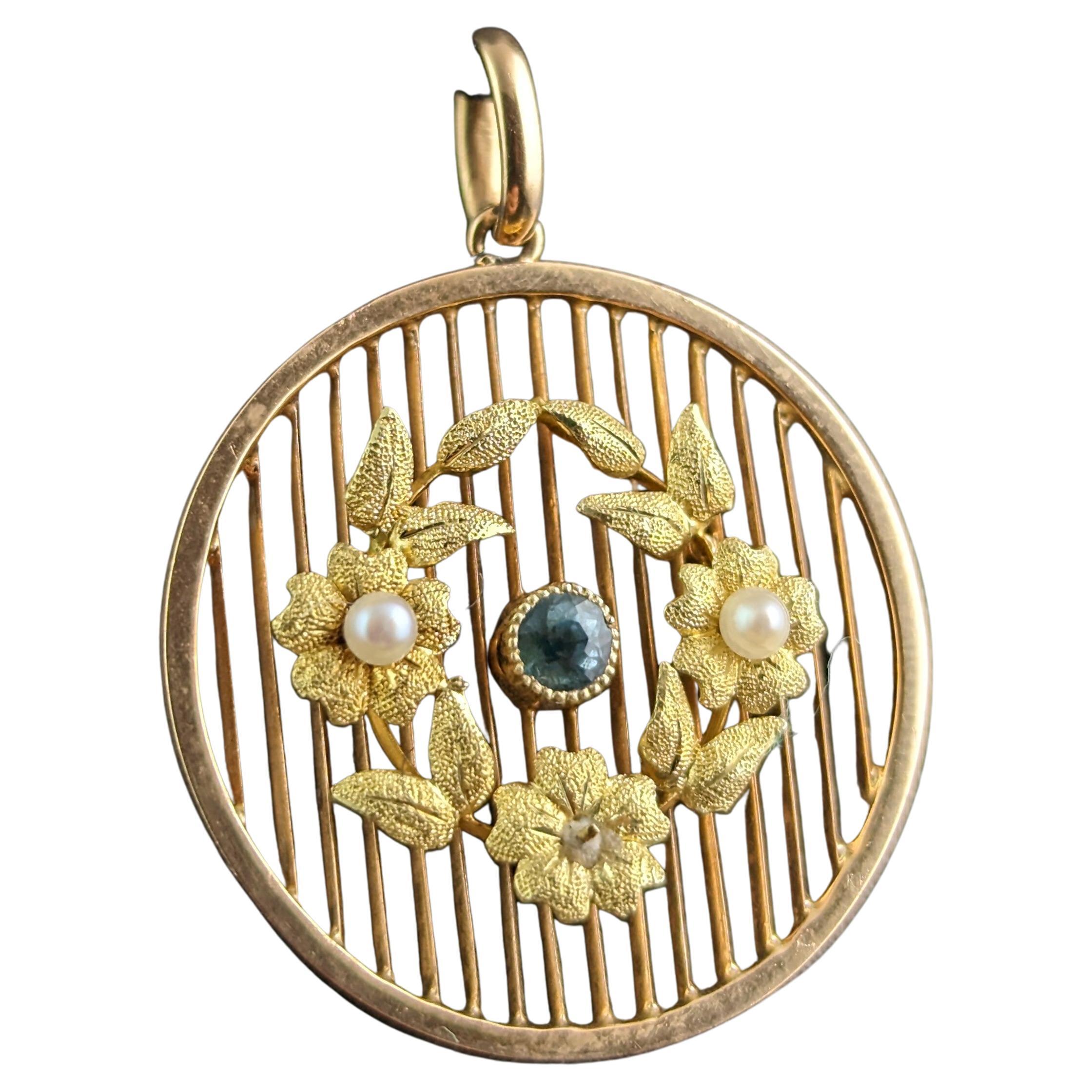 Antique Aquamarine and Pearl Pendant, 15 Karat Gold, Edwardian