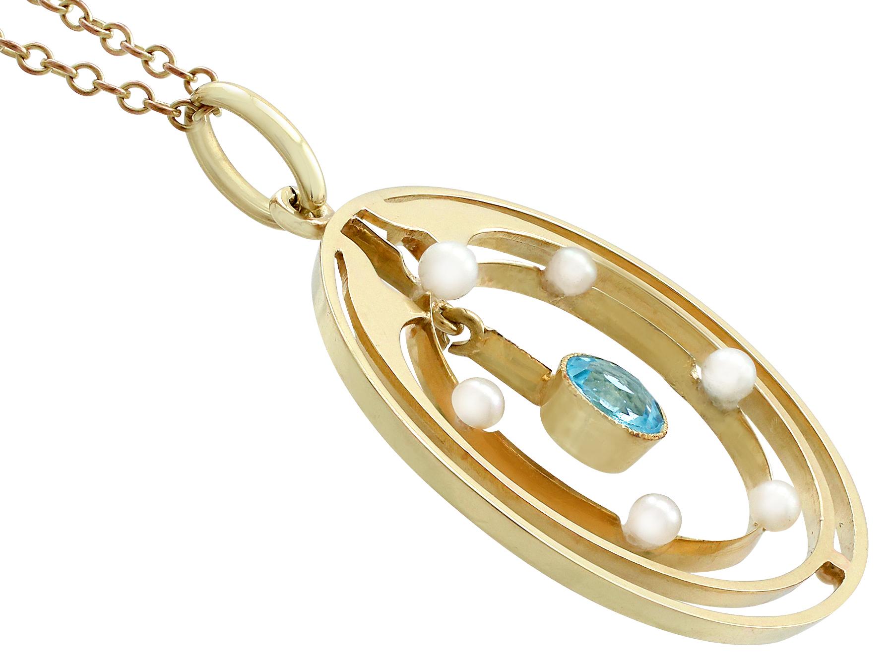 Round Cut Antique Aquamarine and Pearl Yellow Gold Pendant For Sale