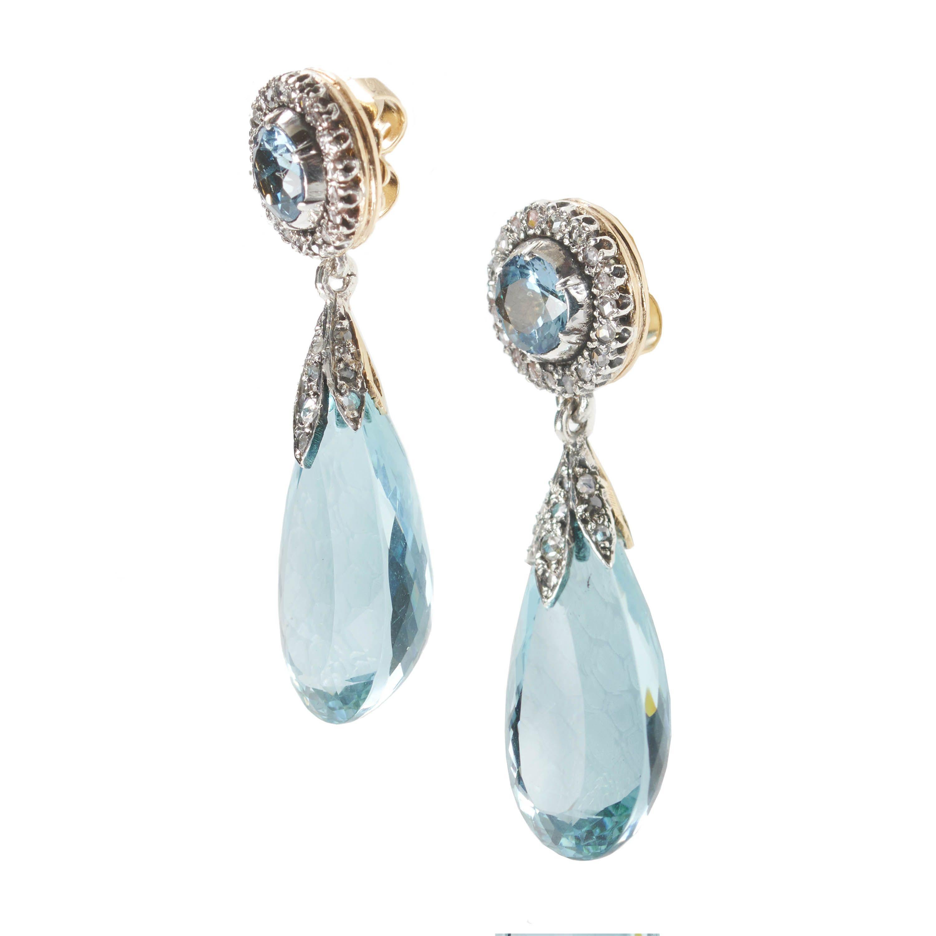 Late Victorian Antique Aquamarine, Diamond And Silver Upon Gold Drop Earrings, Circa 1890