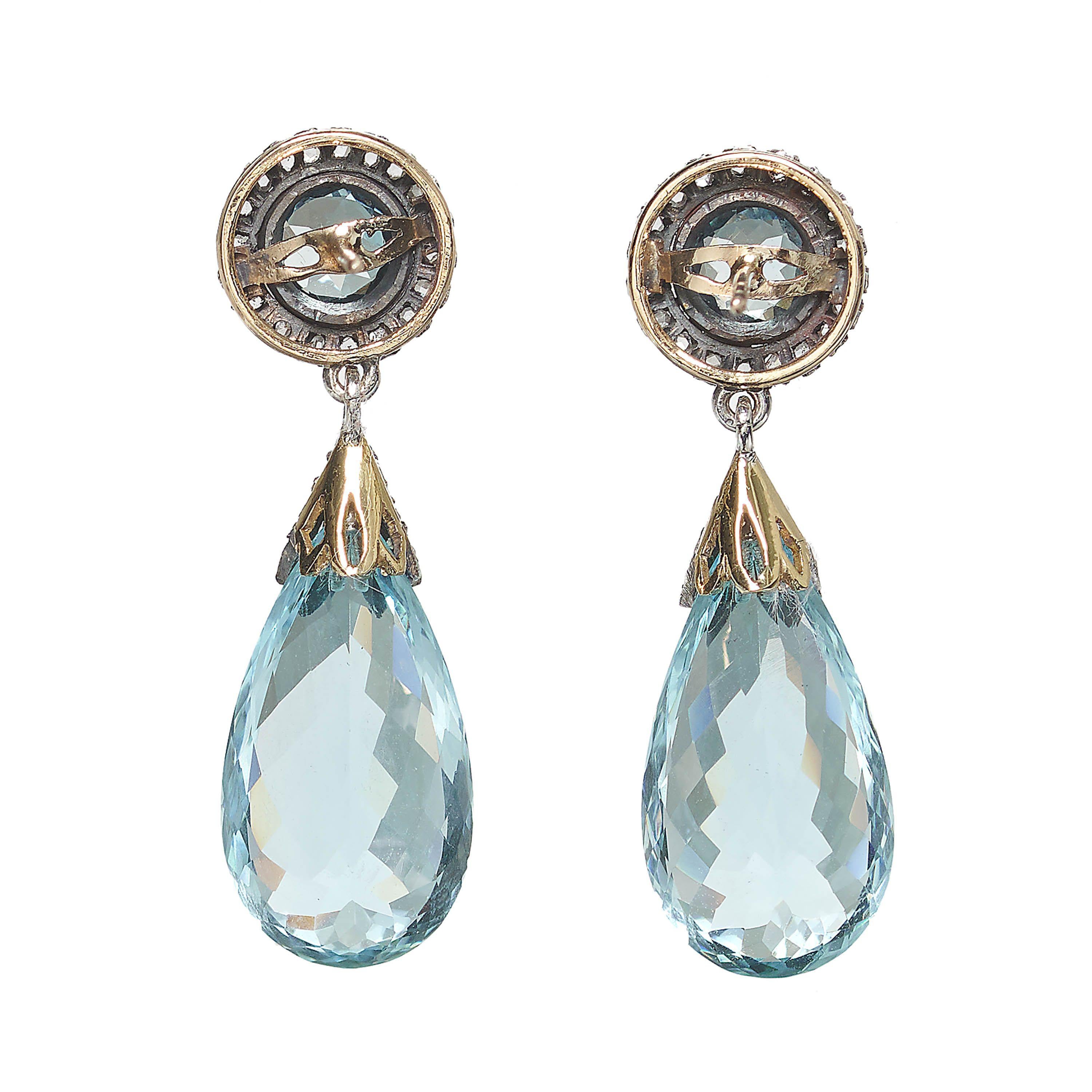 Rose Cut Antique Aquamarine, Diamond And Silver Upon Gold Drop Earrings, Circa 1890