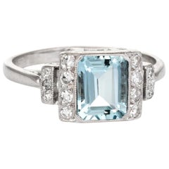 Antique Aquamarine Diamond Engagement Ring Art Deco 18 Karat White Gold Vintage