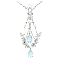 Antique Aquamarine Diamond Pearl and Yellow Gold Pendant